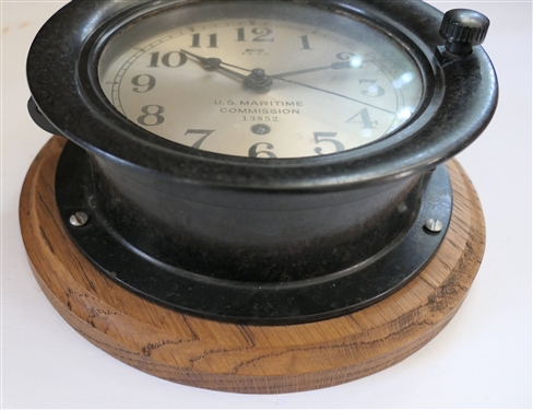 WWII Bakelite Seth Thomas U.S. Maritime Commission Ship's Clock - Number 13852 - Mounted on Oak Plaque - Clock Measures7 3/4 Across