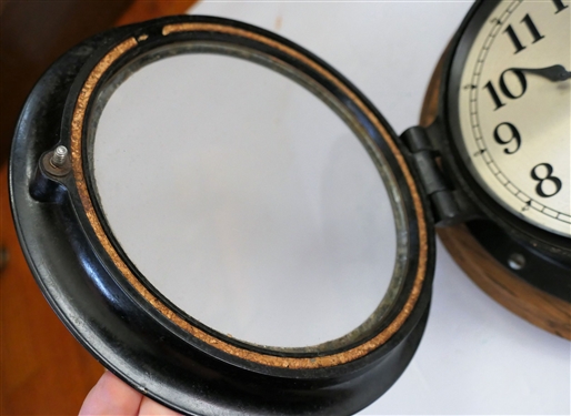 WWII Bakelite Seth Thomas U.S. Maritime Commission Ship's Clock - Number 13852 - Mounted on Oak Plaque - Clock Measures7 3/4 Across