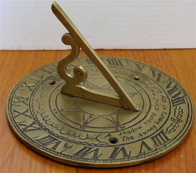 Brass Sundial with Motto - "A shadow round about my face / The sunny hours of day will trace" - Measures 7 1/2" Across