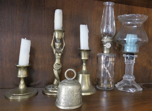 Lot of Brass Figures, Brass Bell, Oil Lamp, and Glass Candle Holder - Mermaid Candle Holder Measures 6 1/2 Tal 