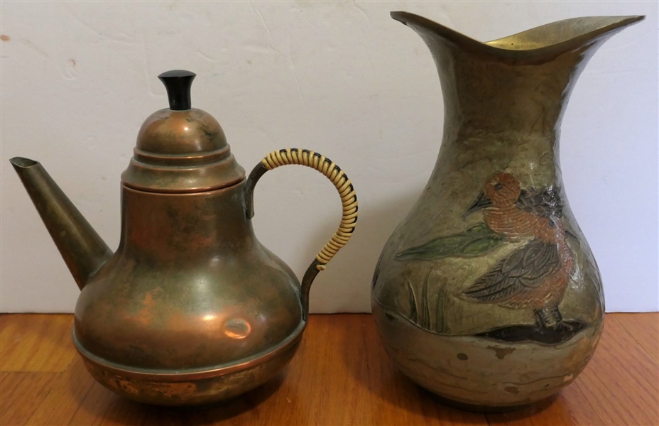 Brass Vase with Enamel Painted Birds and Brass / Copper Tea Kettle with Straw Wrapped Handle - Vase Measures 7 1/2" Tall 