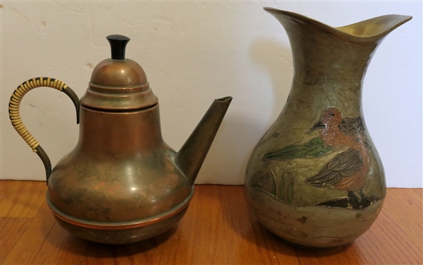 Brass Vase with Enamel Painted Birds and Brass / Copper Tea Kettle with Straw Wrapped Handle - Vase Measures 7 1/2 Tall 