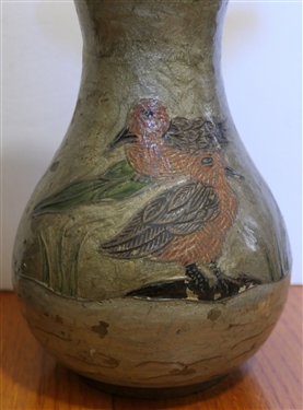Brass Vase with Enamel Painted Birds and Brass / Copper Tea Kettle with Straw Wrapped Handle - Vase Measures 7 1/2 Tall 