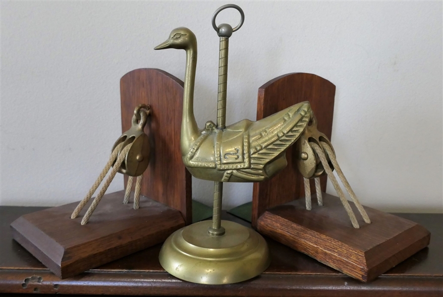 Pair of Bookends with Brass Pulleys and Brass Ostrich Carousel Figure - Ostrich Measures 7 1/2" Tall