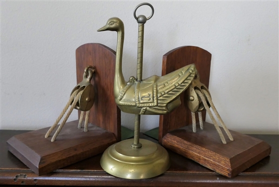 Pair of Bookends with Brass Pulleys and Brass Ostrich Carousel Figure - Ostrich Measures 7 1/2 Tall