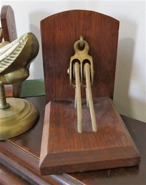 Pair of Bookends with Brass Pulleys and Brass Ostrich Carousel Figure - Ostrich Measures 7 1/2 Tall