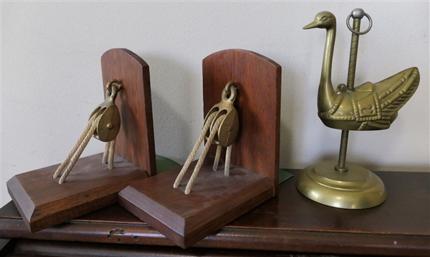 Pair of Bookends with Brass Pulleys and Brass Ostrich Carousel Figure - Ostrich Measures 7 1/2 Tall