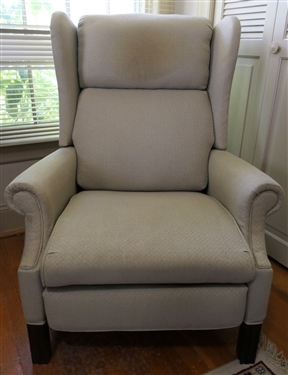 Chinese Chippendale Style Wing Back Recliner Light Tan Herringbone Patterned - Measures 39 tall 32 by 29  - Some Spots on Arm 