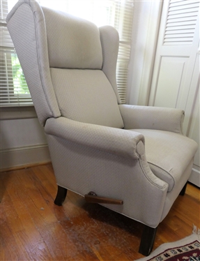 Chinese Chippendale Style Wing Back Recliner Light Tan Herringbone Patterned - Measures 39 tall 32 by 29  - Some Spots on Arm 