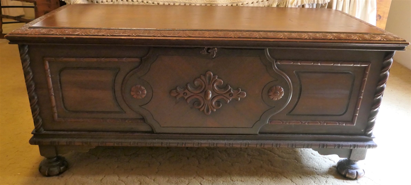 Fancy Lane Cedar Chest on Feet with Applied Crest and Barley Twist Trim Details - Measures 21" tall 48" by 19" 