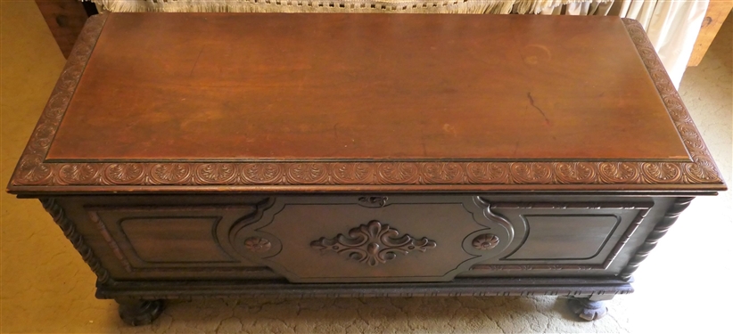 Fancy Lane Cedar Chest on Feet with Applied Crest and Barley Twist Trim Details - Measures 21 tall 48 by 19 
