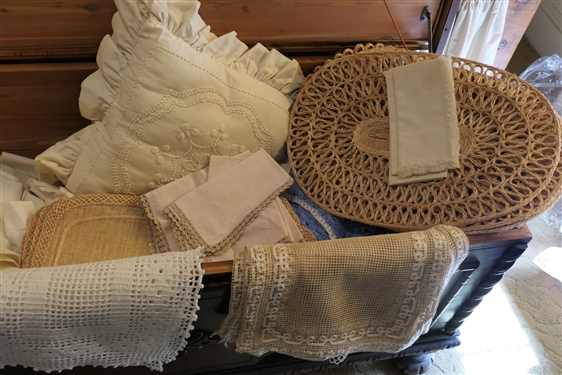 Lot of Fine Linens, Handmade Crochet, and Handmade Tatting - Linens include Napkins with A Embroidered, Straw Placemats, and Blue Hand Crocheted Afghan