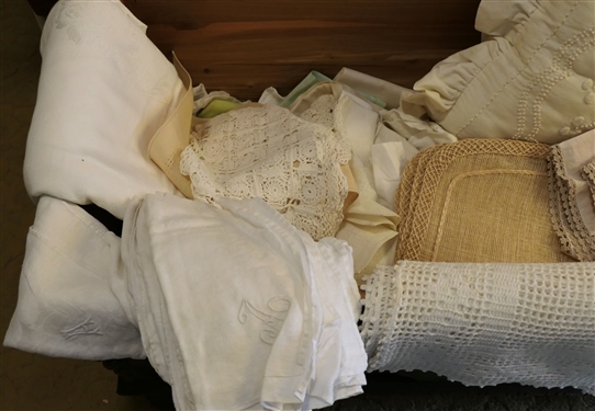 Lot of Fine Linens, Handmade Crochet, and Handmade Tatting - Linens include Napkins with A Embroidered, Straw Placemats, and Blue Hand Crocheted Afghan