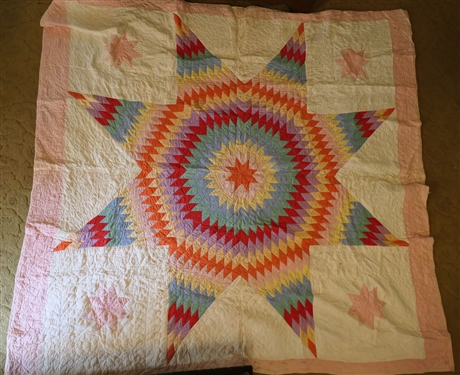 Beautiful Brightly Colored Thin Lone Star Quilt - Hand Quilted - Measures 72 by 72 - Some Minor Staining 