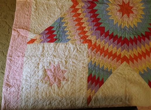 Beautiful Brightly Colored Thin Lone Star Quilt - Hand Quilted - Measures 72 by 72 - Some Minor Staining 