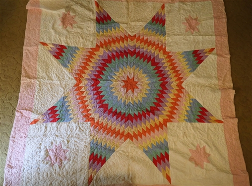 Beautiful Brightly Colored Thin Lone Star Quilt - Hand Quilted - Measures 72 by 72 - Some Minor Staining 