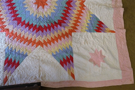 Beautiful Brightly Colored Thin Lone Star Quilt - Hand Quilted - Measures 72 by 72 - Some Minor Staining 