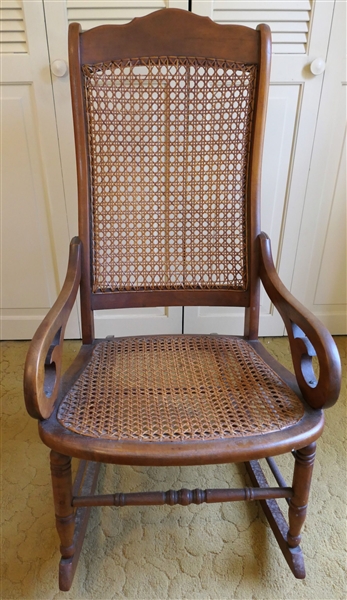 Rocking Chair with Cane Back and Seat - Turned Stretcher - Some Damage to Caning At Top of Back 