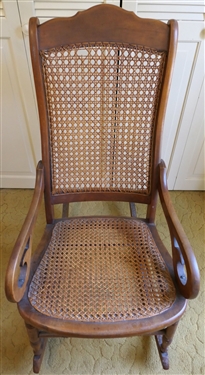 Rocking Chair with Cane Back and Seat - Turned Stretcher - Some Damage to Caning At Top of Back 