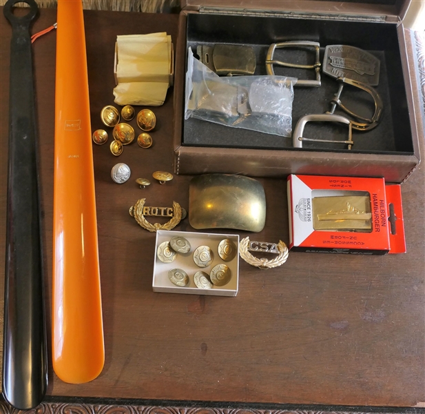 Leather Covered Humidor Box with Compass on Top with Replica Civil War Buttons and Pins, Also Including Other Buckles and Shoe Horns
