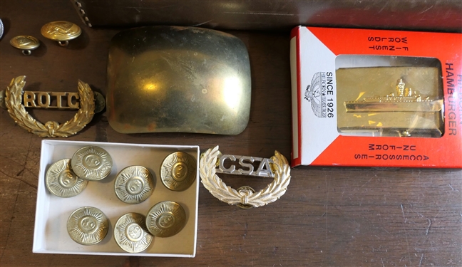 Leather Covered Humidor Box with Compass on Top with Replica Civil War Buttons and Pins, Also Including Other Buckles and Shoe Horns