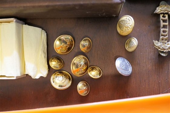 Leather Covered Humidor Box with Compass on Top with Replica Civil War Buttons and Pins, Also Including Other Buckles and Shoe Horns