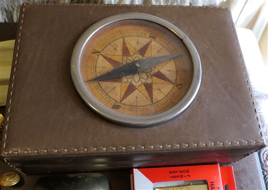 Leather Covered Humidor Box with Compass on Top with Replica Civil War Buttons and Pins, Also Including Other Buckles and Shoe Horns