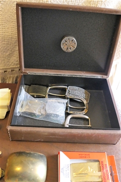 Leather Covered Humidor Box with Compass on Top with Replica Civil War Buttons and Pins, Also Including Other Buckles and Shoe Horns