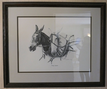 Gary Akers Pulling Together Artist Signed and Numbered 102/500 Mule Print - Framed and Double Matted - Frame Measures 23 by 28 