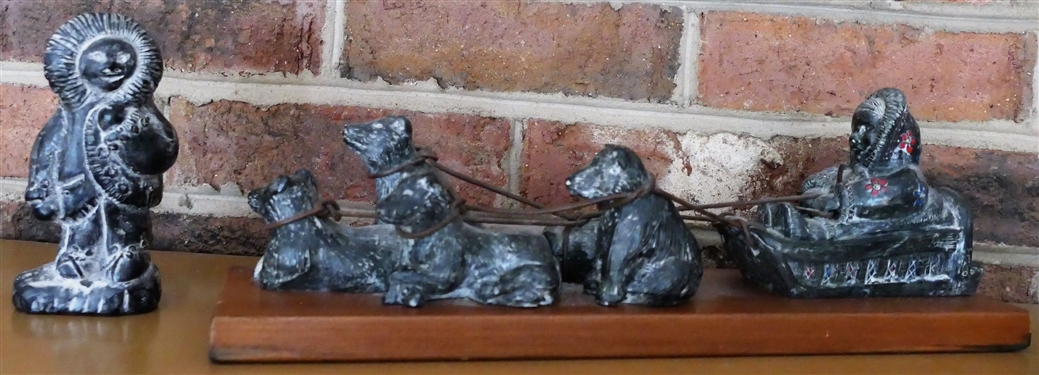  A Wolf Original Hand Made in Canada - Musher Statuette and Other Figure - Musher Measures 4 1/2 tall 14 by 3 1/2 