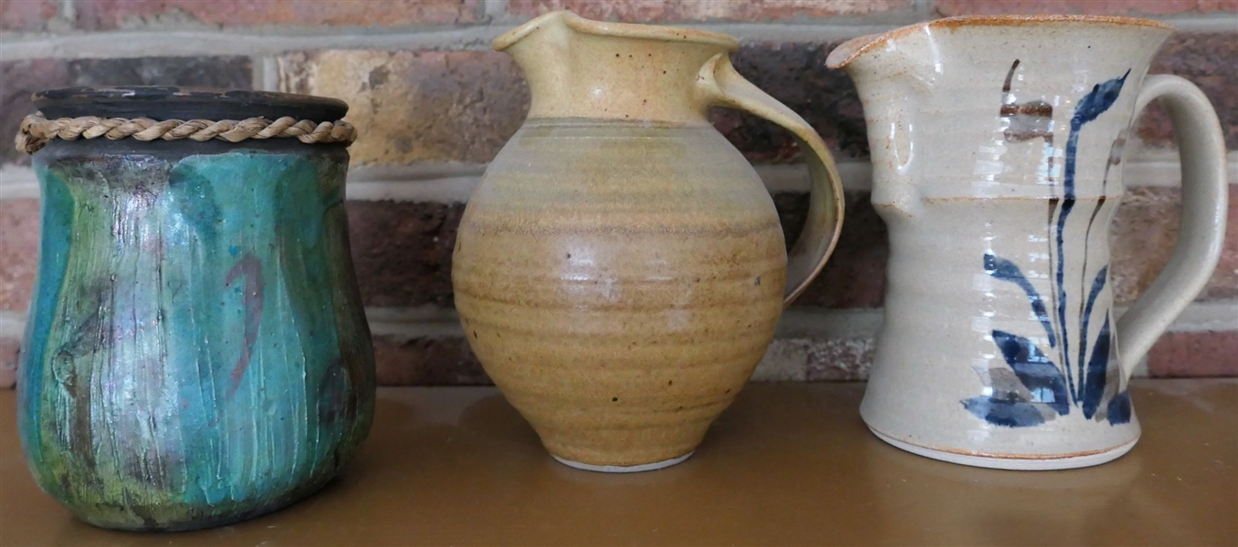 3 Pieces of Art Pottery - Andrea Rush Maui Vase with Braided Trim , Bledsoe Pitcher with Flowers, and Other Signed Pitcher - Maui Vase Measures 5 1/4" Tall 