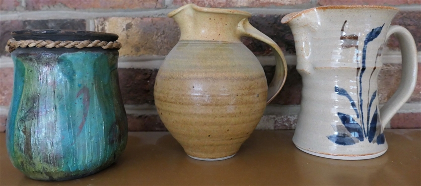 3 Pieces of Art Pottery - Andrea Rush Maui Vase with Braided Trim , Bledsoe Pitcher with Flowers, and Other Signed Pitcher - Maui Vase Measures 5 1/4 Tall 
