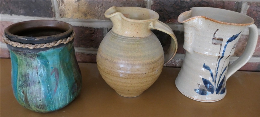 3 Pieces of Art Pottery - Andrea Rush Maui Vase with Braided Trim , Bledsoe Pitcher with Flowers, and Other Signed Pitcher - Maui Vase Measures 5 1/4 Tall 