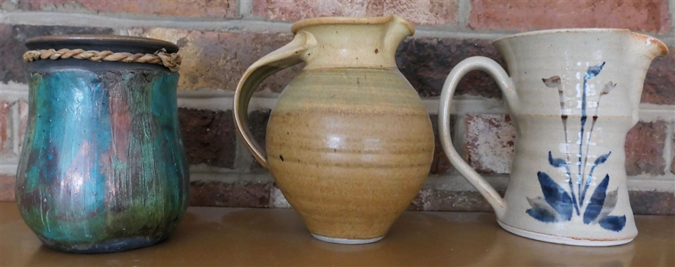 3 Pieces of Art Pottery - Andrea Rush Maui Vase with Braided Trim , Bledsoe Pitcher with Flowers, and Other Signed Pitcher - Maui Vase Measures 5 1/4 Tall 