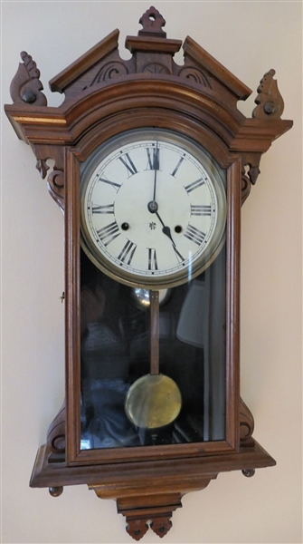 Waterbury Walnut Striking Wall Clock with Key and Pendulum - Measures 30" 15" by 4 1/2"
