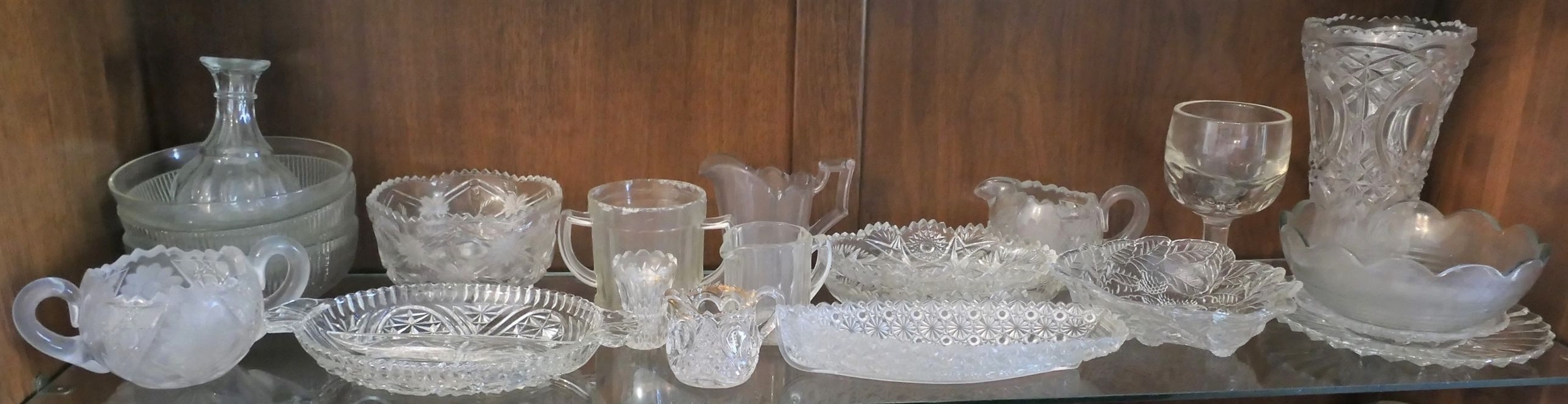 Lot of Early American Press Glass and Leaded Glass Pieces - Vase Measures 9" Tall Daisy and Button Boat Dish Measures 10" Long