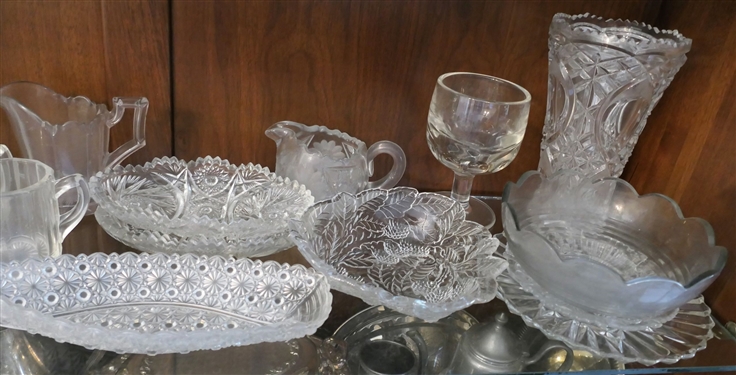 Lot of Early American Press Glass and Leaded Glass Pieces - Vase Measures 9 Tall Daisy and Button Boat Dish Measures 10 Long