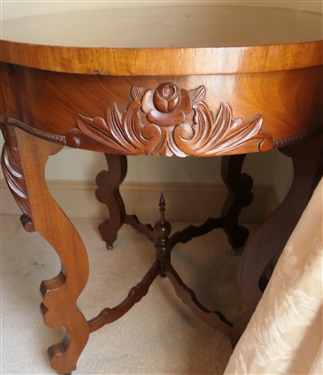 Flame Mahogany Victorian Turtle Top Parlor Table with Scrolled Legs - Rose Carved Apron Arched Stretcher Base - Measures 29 Tall 38 by 26 1/2