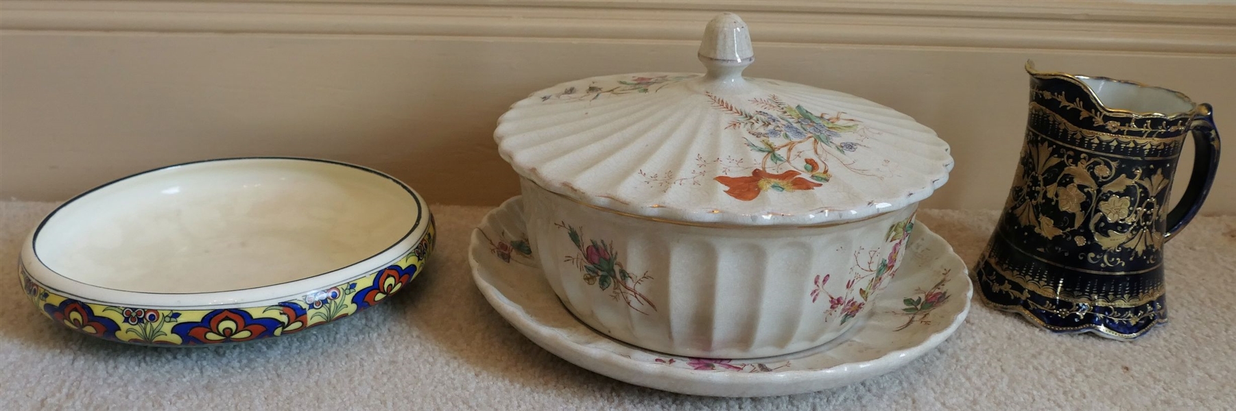 Blue and Gold Hand Painted Nippon Pitcher, Czechoslovakia Low Bowl, and 2 Pieces of Knowles China - Knowles Pieces Have Some Damage - Nippon Measures 6" Tall 