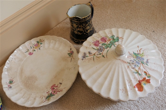 Blue and Gold Hand Painted Nippon Pitcher, Czechoslovakia Low Bowl, and 2 Pieces of Knowles China - Knowles Pieces Have Some Damage - Nippon Measures 6 Tall 
