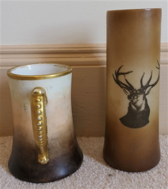Brown and White Mug with Gold Trim by J.P. L. France  and Vase with Stag Head - Measuring 8 1/4 Tall 