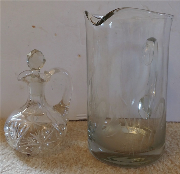 Pitcher with Etched Swans and Cut Glass Cruet - Pitcher Measures 8" Tall 