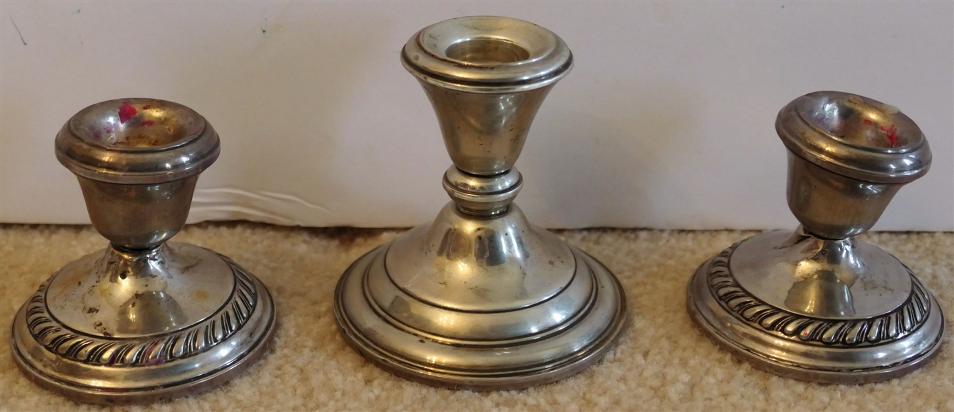 3 Sterling Silver Weighted Candle Sticks - 2 - 2 1/2" and 1 3 1/4" - Smaller Ones Have Some Damage