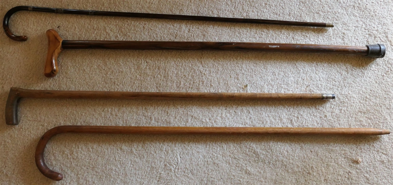 4 Wood Walking Canes  - 1 Grain Painted with Silver Tone Bands - Measuring 35 1/2" Long