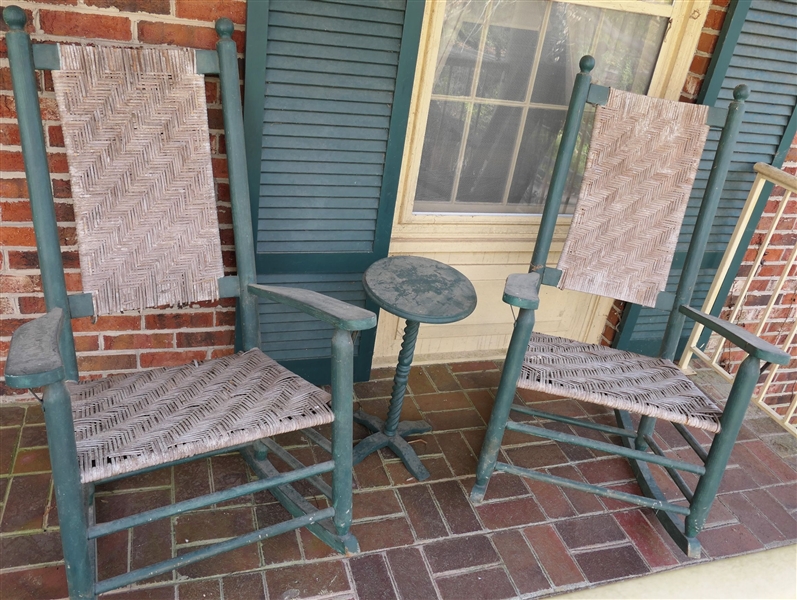 Pair of Green Painted Porch Rocker with Cane Backs and Seats and Small Round Wood Table 