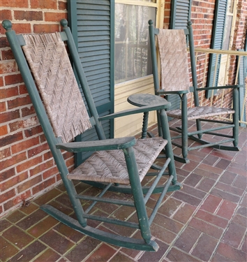 Pair of Green Painted Porch Rocker with Cane Backs and Seats and Small Round Wood Table 