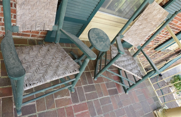 Pair of Green Painted Porch Rocker with Cane Backs and Seats and Small Round Wood Table 