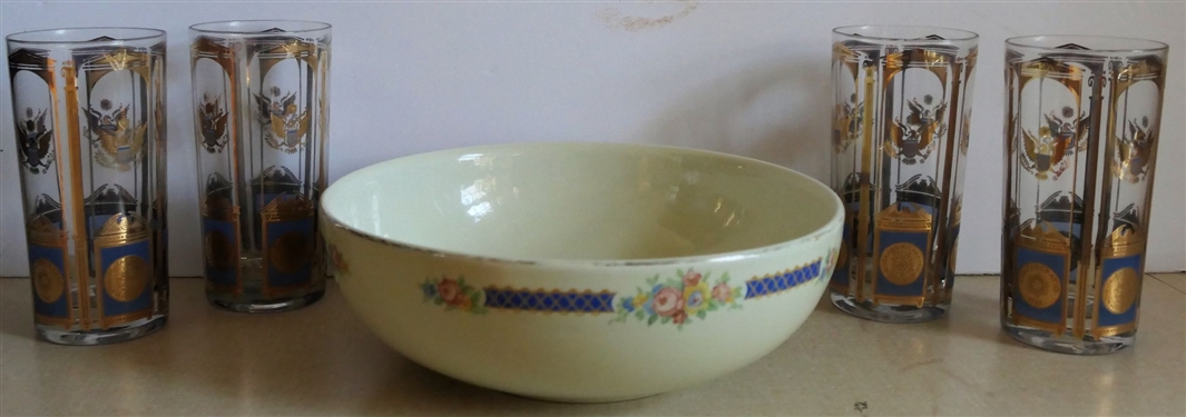 Round Hall China Bowl and 4 Gold Decorated Iced Tea Glasses