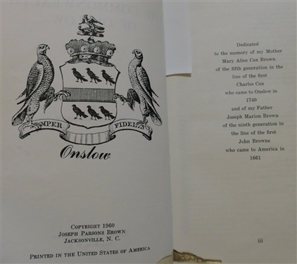 The Commonwealth of Onslow  - A History by Joseph Parsons Brown - Author Signed 1960 - First Edition - Hardcover Book - Some Damage to First Several Pages - See Photo 