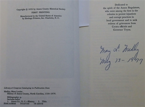 History of Anson County North Carolina 1750- 1976 by Mary L. Medley - Author Signed First Printing - Hardcover Book with Dust Jacket 